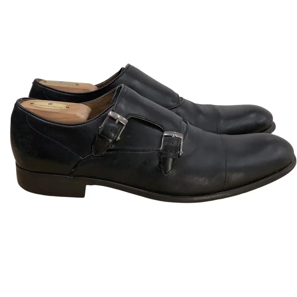 John Varvatos Shoes Mens 9.5M Double Monk Strap Cap Toe Black Leather Dress